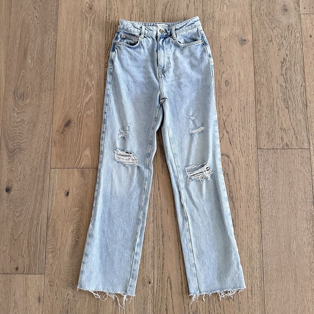 ZARA Women Light Wash Distressed High Rise Frayed Hem Jeans Denim Size 2